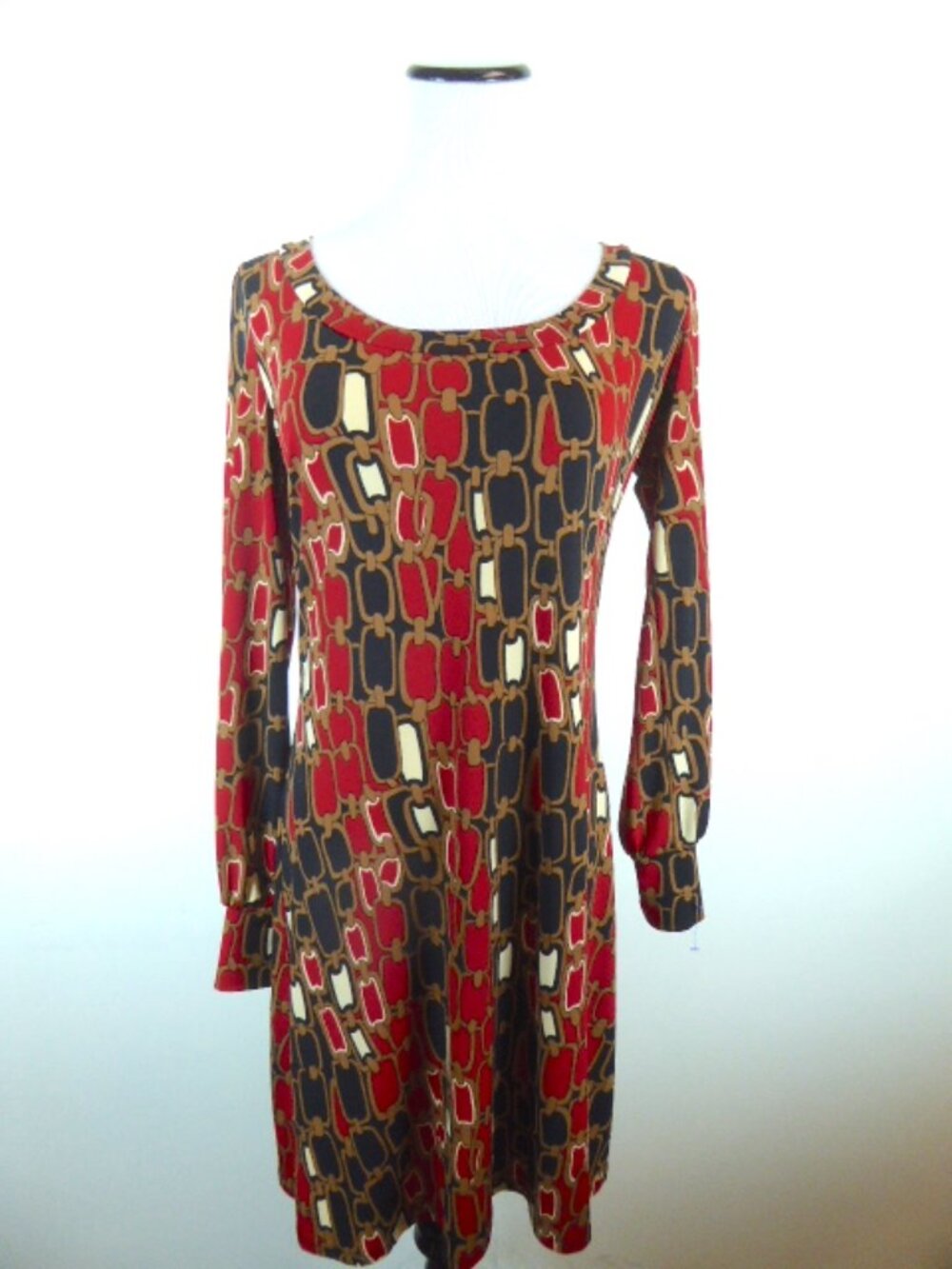 Lily classic red gold chain print stretch jersey long sleeve dress XS